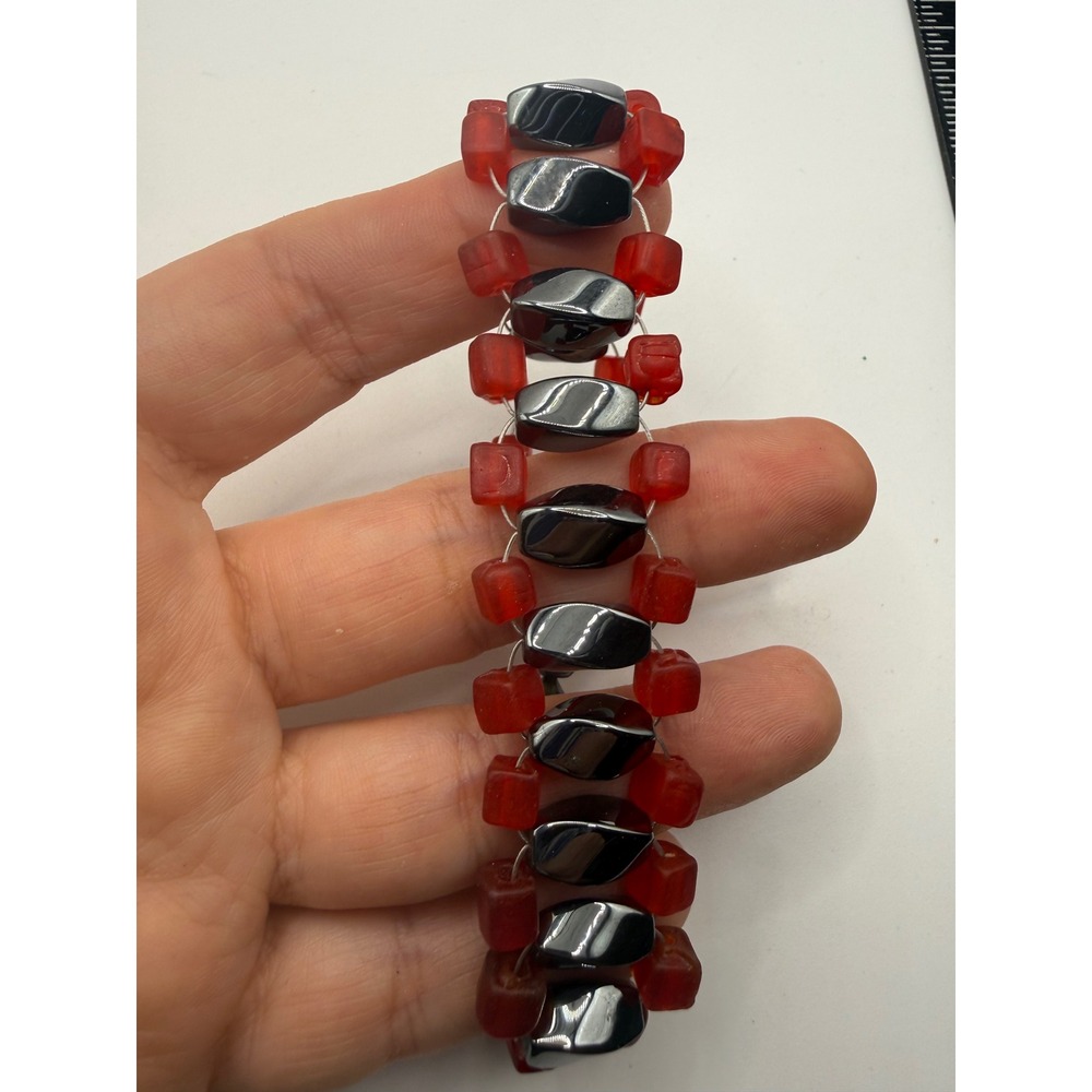 Red Frosted Glass Cube and Hematite‎ Tone Bead Toggle Bracelet Vintage Style